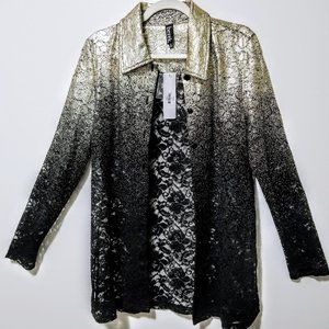 Berek 2 piece Size M Black Sheer Lace Shirt and Tank with Gold Foil Embellishmem